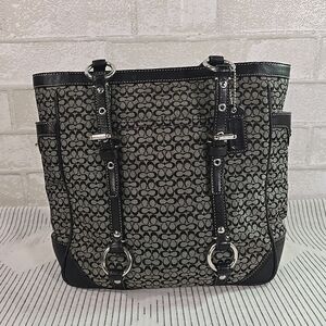Coach Signature Leather Canvas Black Gray Tote Bag Handbag Purse F11526
